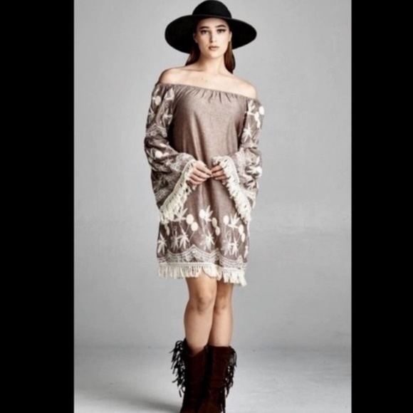 Indigo Soul Brown Off-Shoulder Dress with Cream Embroidery - Picture 3 of 14